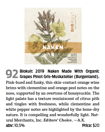 Biokult Naken Orange Wine 90 Point Wine of Austria